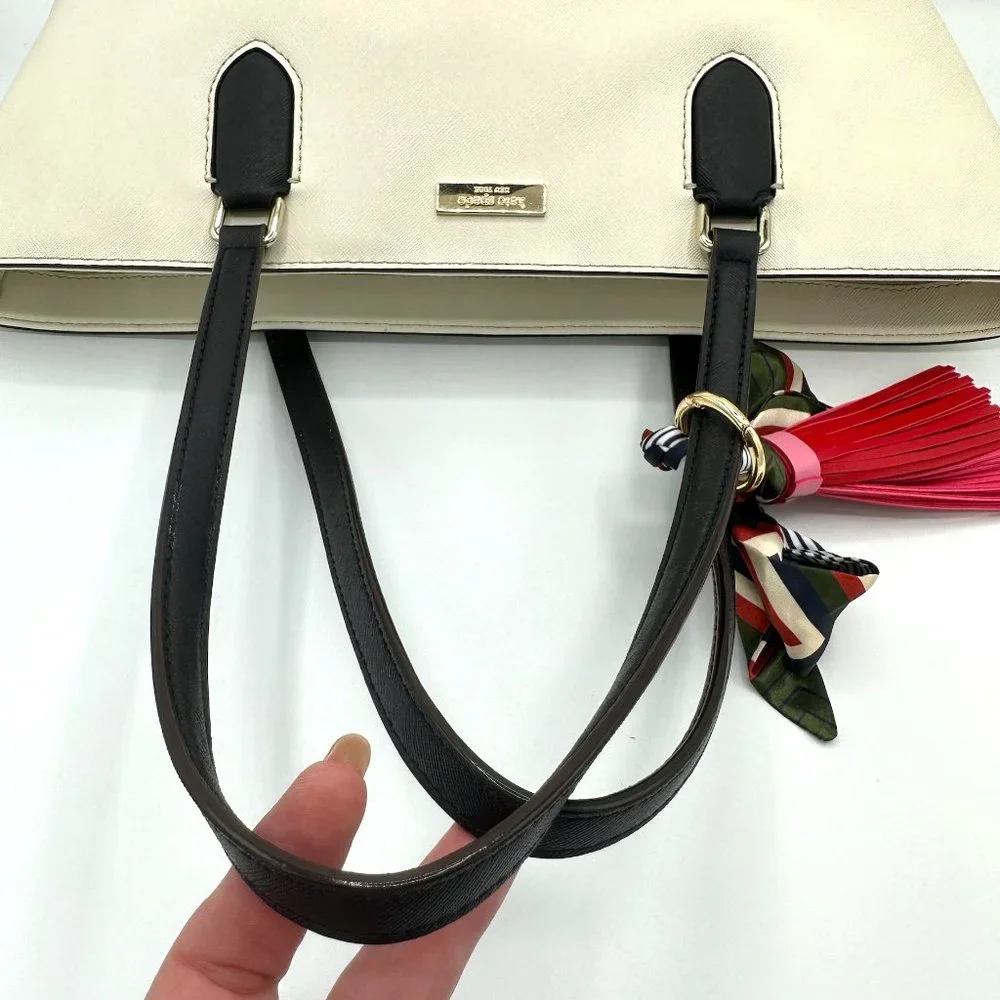 EUC Kate Spade Beige/Ivory/Black Colorblock Zip-Top Leather Tote + Bag Charm - Picture 13 of 16